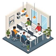 Adobe Illustrator vector flat style illustration of an isometric office space with four people working at desks with computers, showcasing teamwork and a modern work environment