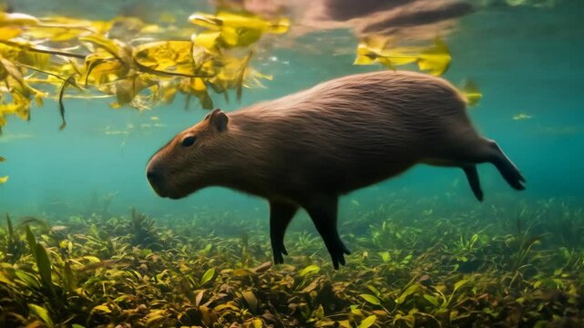 Capybara Swimming Underwater - A capybara is captured gracefully swimming underwater, surrounded by vibrant green aquatic plants and clear blue water.