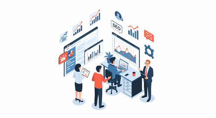 Adobe Illustrator vector flat style illustration of an isometric SEO and digital marketing team analyzing data, optimizing websites, and improving online presence for business growth