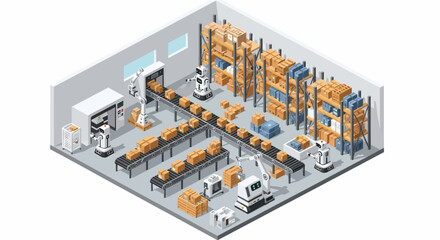 Adobe Illustrator vector flat style illustration of an isometric automated warehouse and factory, showcasing robotic arms, conveyor belts, and shelves with boxes for logistics and production