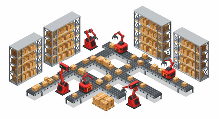 Adobe Illustrator vector flat style illustration of an isometric automated warehouse and factory, showcasing robotic arms, conveyor belts, and shelves with boxes for logistics and production