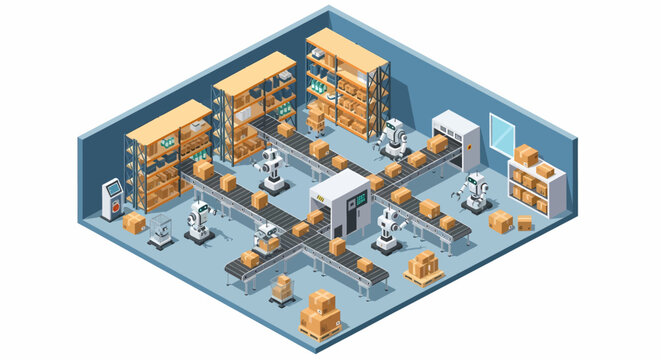 Adobe Illustrator vector flat style illustration of an isometric automated warehouse and factory, showcasing robotic arms, conveyor belts, and shelves with boxes for logistics and production