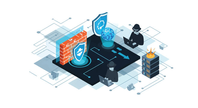 Adobe Illustrator vector flat style illustration of an isometric cybersecurity concept with a hacker, firewall, server, and shield, representing data protection and network security