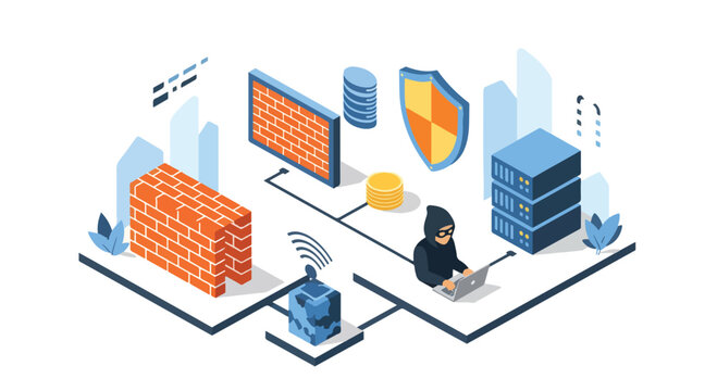 Adobe Illustrator vector flat style illustration of an isometric cybersecurity concept with a hacker, firewall, server, and shield, representing data protection and network security