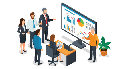 Adobe Illustrator vector flat style illustration of an isometric business presentation scene with speakers presenting data charts to an audience in a meeting room