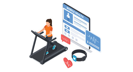 Adobe Illustrator vector flat style illustration of an isometric mobile health concept, featuring a woman on a treadmill, a smartphone app displaying health data, and a wearable fitness tracker