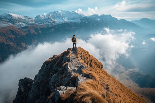 A solitary figure stands atop a mountain ridge, overlooking a vast landscape of clouds and snow-capped peaks