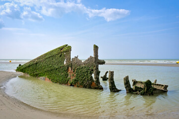 Moss-covered shipwreck on a sandy beach, partially submerged in shallow water under a blue sky