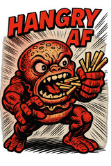 Obraz premium A vibrantly colored, retro-style monster character, embodying the 'hangry' emotion, aggressively devouring a handful of french fries in a dynamic, illustrative scene with a distressed texture.