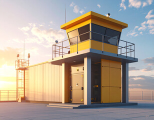 Yellow Control Tower at Sunset. A striking yellow control tower rises into the sky as the sun sets. The scene combines functionality with a touch of aesthetics.