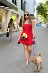 A slim young woman in a short red dress and sunglasses walks with a poodle on a leash along a...