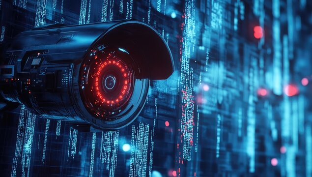 Surveillance camera in a digital matrix.  A close-up view of a modern security camera with a glowing red lens, set against a backdrop of complex, moving digital code
