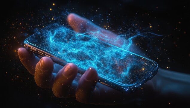 A hand holds a smartphone with glowing, ethereal blue energy - Powered by Adobe