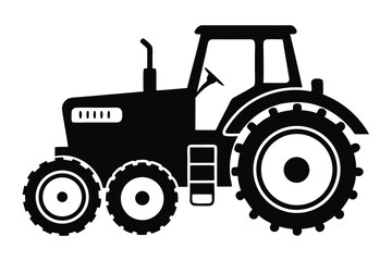 Silhouette Illustration of Black Tractor with Cabin, Wheels, and Distinctive Features