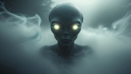 An otherworldly alien emerges from the mist, its glowing eyes captivating.