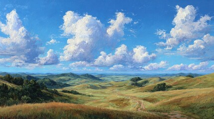 Expansive view of lush green hills stretches into the distance. Puffy white clouds float in the bright blue sky, creating a serene atmosphere during midday.