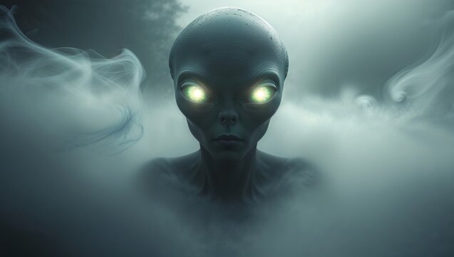 An otherworldly alien emerges from the mist, its glowing eyes captivating.