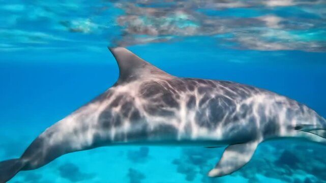 Dolphin Swimming Underwater - A close-up view of a dolphin swimming gracefully through clear blue ocean water.