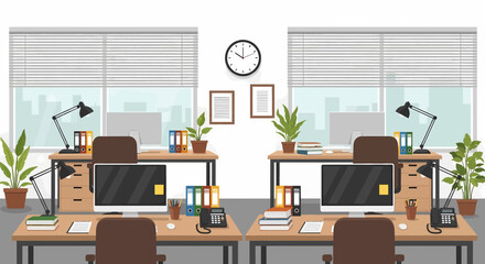 Adobe Illustrator vector flat style illustration of a spacious, modern open-plan office interior with multiple workstations, computers, and lush plants, designed for a productive work environment © meeblues