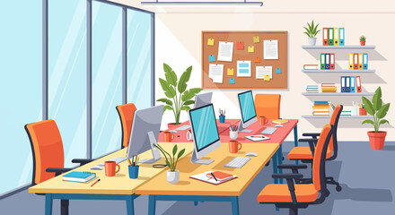 Adobe Illustrator vector flat style illustration of a spacious, modern open-plan office interior with multiple workstations, computers, and lush plants, designed for a productive work environment