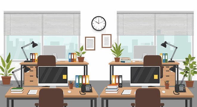 Adobe Illustrator vector flat style illustration of a spacious, modern open-plan office interior with multiple workstations, computers, and lush plants, designed for a productive work environment