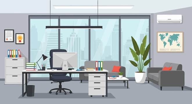 Adobe Illustrator vector flat style illustration of a spacious, modern open-plan office interior with multiple workstations, computers, and lush plants, designed for a productive work environment