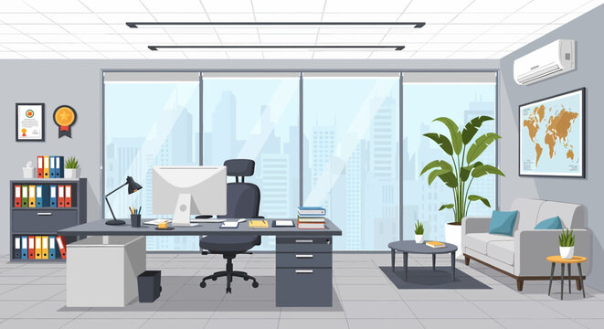 Adobe Illustrator vector flat style illustration of a spacious, modern open-plan office interior with multiple workstations, computers, and lush plants, designed for a productive work environment