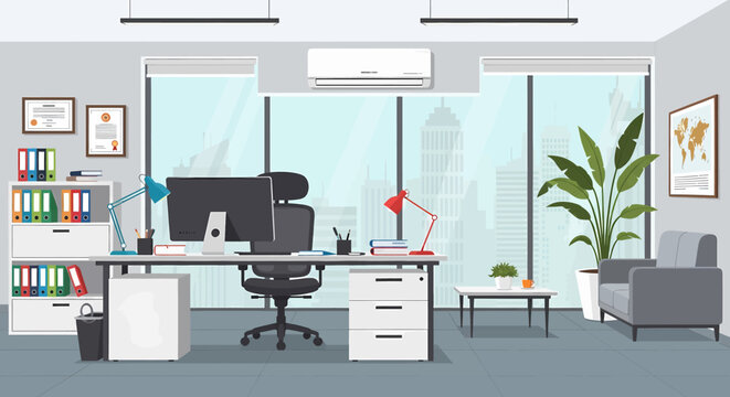 Adobe Illustrator vector flat style illustration of a spacious, modern open-plan office interior with multiple workstations, computers, and lush plants, designed for a productive work environment