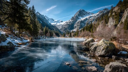 Fototapeta premium A serene mountain landscape features a frozen lake surrounded by rocky shores and evergreen trees. Snow-capped peaks rise majestically in the distance under a bright blue sky.