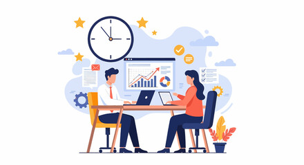 Adobe Illustrator vector flat style illustration of a business office meeting presentation, highlighting teamwork, data analysis, and productivity