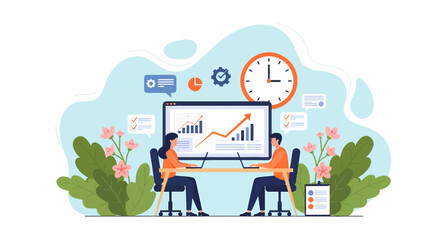 Adobe Illustrator vector flat style illustration of a business office meeting presentation, highlighting teamwork, data analysis, and productivity