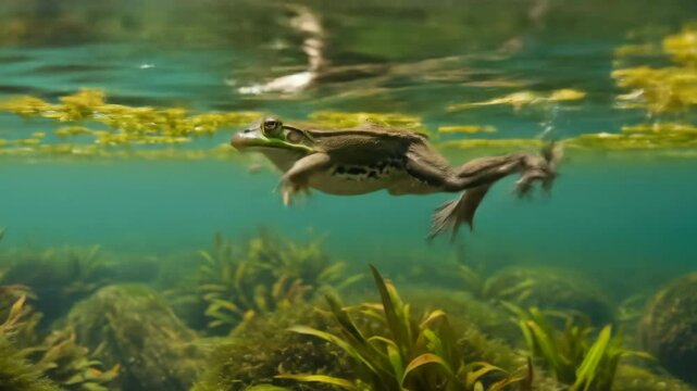 Underwater View of a Frog in a Pond - An underwater shot captures a frog swimming gracefully in a pond.