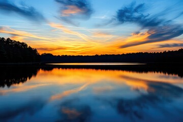 Obraz premium Serene lake at sunset. Reflections of a vibrant sunset sky on the still water, showcasing clouds in orange, yellow, and blue hues. Dark silhouettes of trees line the shore