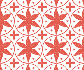 Red floral geometric seamless pattern with circles and petals, hand-drawn textured style, vector on cream background. Perfect for fabric, wrapping paper, wallpapers, branding, digital designs.
