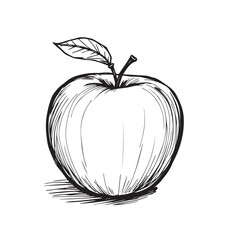 Simple Apple Illustration with Leaf and Stem in Black and White