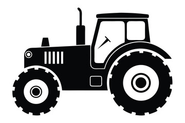 Black and White Tractor Illustration with Cabin, Exhaust Pipe, and Large Wheels