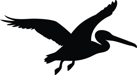 Silhouette of a flying pelican with wings extended on a clean white background