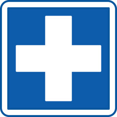 Blue Health Services Sign. Vector Illustration. Plus Sign Shows Where to Get Medical Help. Hospital Department Sign, Road Sign