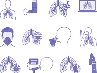 Colored Lung Disease Icon Set. Vector Illustrations Lung, Lung Biopsy, Inhaler, Lung Screening, Oxygen Mask, Nebulizer, Bronchial Asthma, Spirometry, COPD, Pneumonia, Bronchoscopy, and Cough