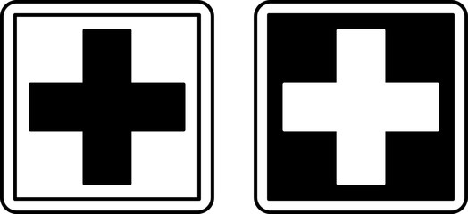Health Services Signs. Black and White Vector Illustrations. Plus Sign Shows Where to Get Medical Help. Hospital Department Sign, Road Sign