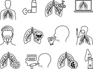 Lung Disease Icon Set. Vector Illustrations Lung, Lung Biopsy, Inhaler, Lung Screening, Oxygen Mask, Nebulizer, Bronchial Asthma, Spirometry, COPD, Pneumonia, Bronchoscopy, and Cough