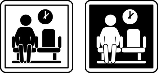 Waiting Area Signs. Black And White Vector Illustrations. Waiting Area For Doctor's Appointment. Man Sits And Waits For His Time. Hospital Department Sign