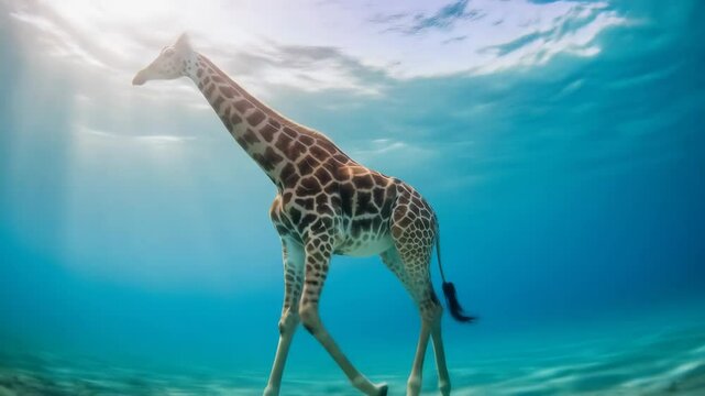 Surreal Underwater Giraffe Scene - A digitally altered video depicts a giraffe walking gracefully underwater, surrounded by a serene blue ocean ambiance.
