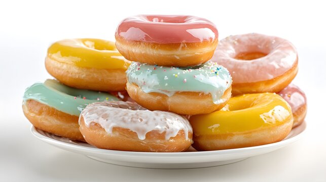 A beautiful stack of glazed donuts with various colorful toppings on a white plate.