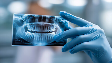 Close-up of gloved hand holding dental X-ray showing teeth and jaw structure
