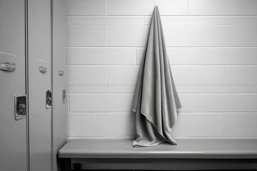 A gray towel hangs over a bench in a minimalist locker room with gray lockers against a white wall