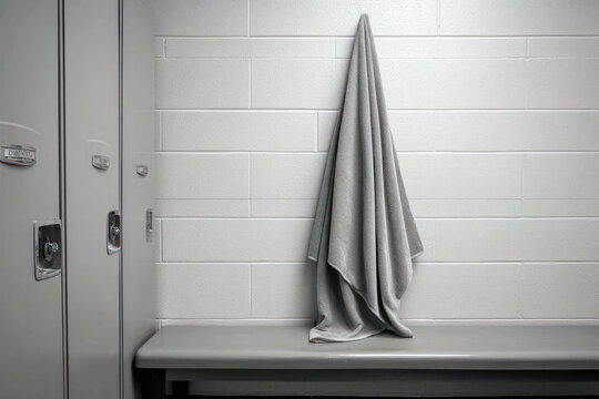 A gray towel hangs over a bench in a minimalist locker room with gray lockers against a white wall