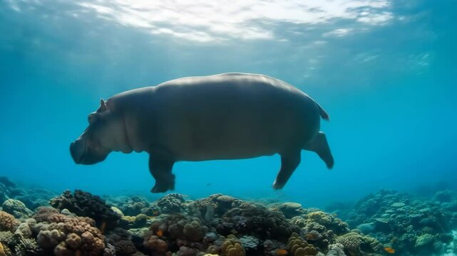 Hippopotamus Swimming Underwater in Coral Reef - A large hippopotamus gracefully swims through a vibrant underwater coral reef, its massive form silhouetted against the clear blue water.