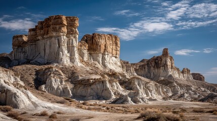 Towering white and orange rock formations stand against the bright sky in a remote desert setting, showcasing the beauty of natural erosion and geological history.