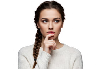 Young woman with braided hair thinking with finger on lips isolated on transparent background